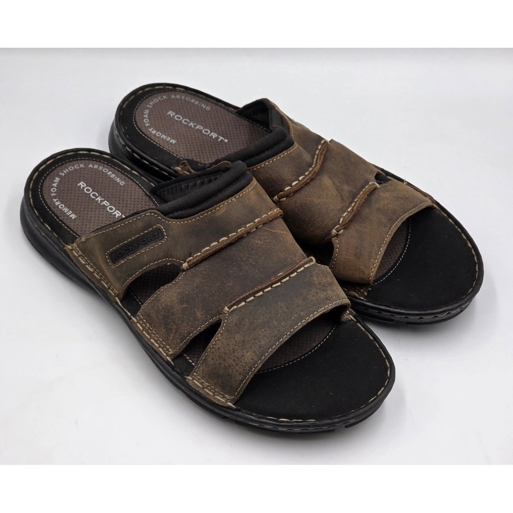 Rockport Men's Brown Leather Slip-On Darwyn Memory Foam Slide Sandals Size 9